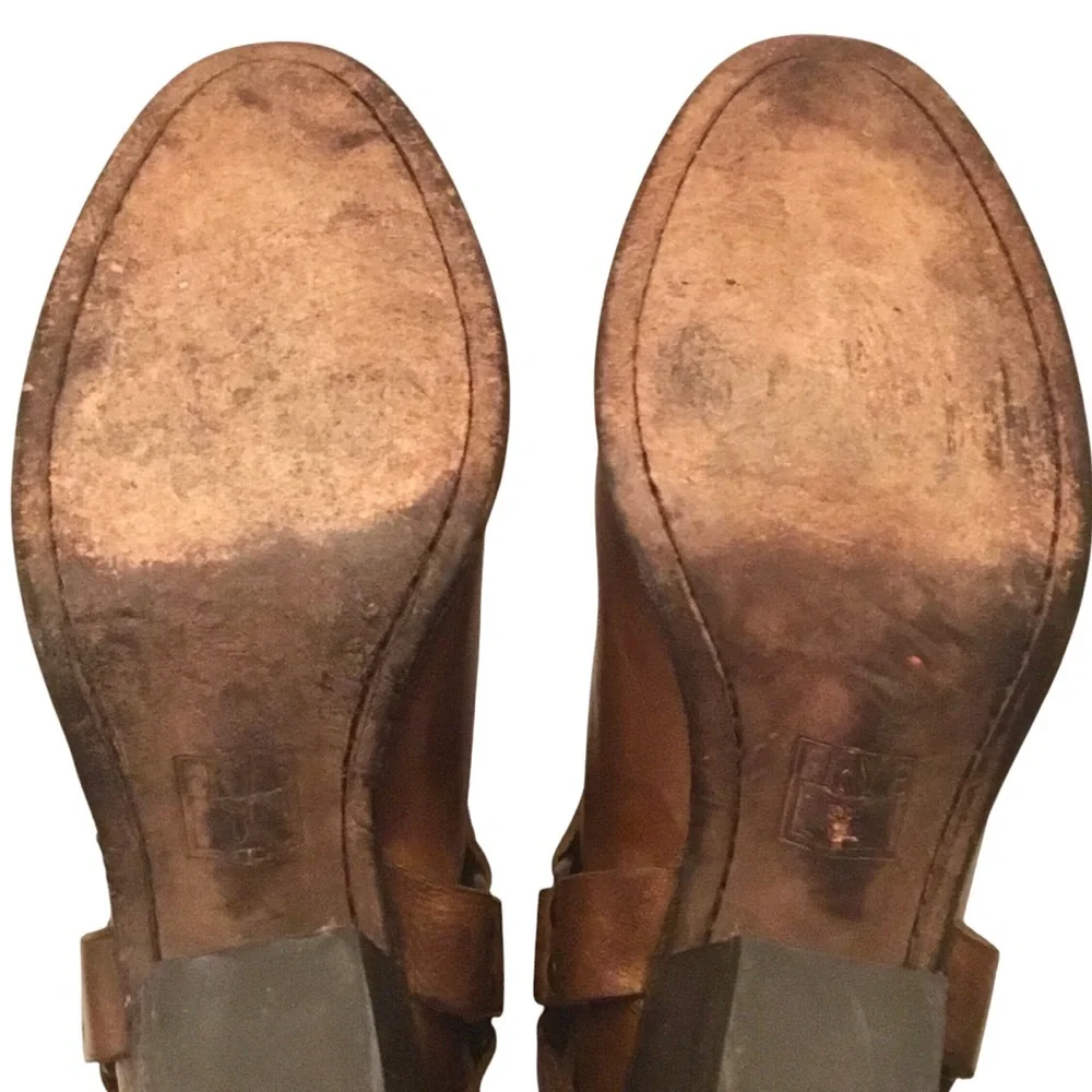 Frye Tabitha Brown Leather Short Ankle Boots Moto Harness Stacked Heel Size-8.5